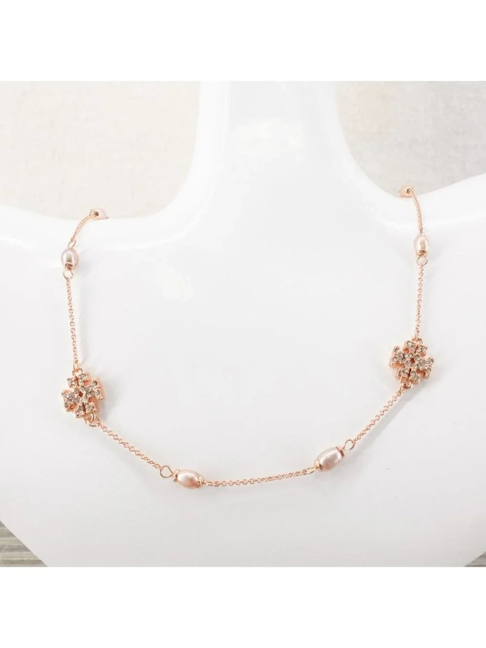 Tory Burch Gemstones and Pearl Necklace Rose Gold OS